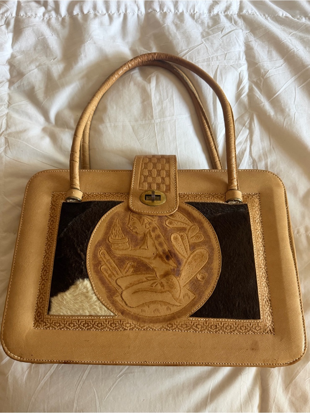 Vintage Mexican Leather Cowhide Satchel Purse with Aztec Gods and Calendar